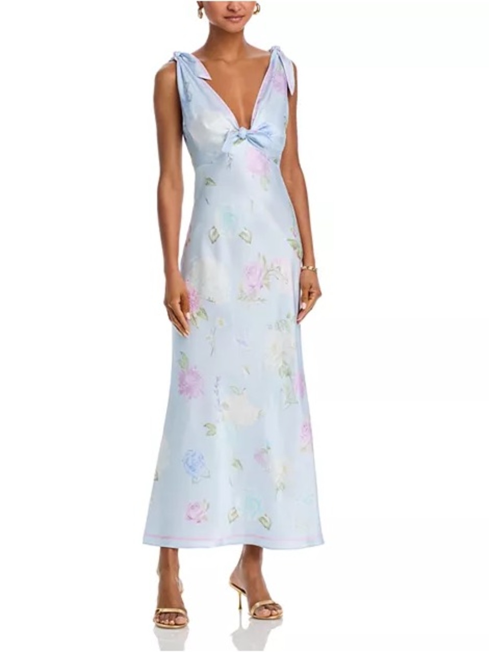 LoveShackFancy Pale Blue Floral Tie-Shoulder Maxi Dress